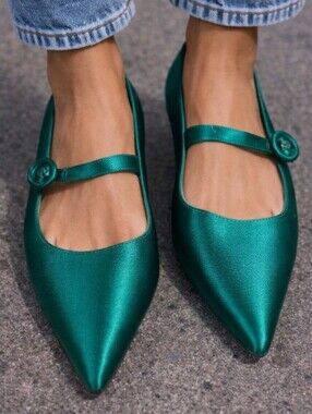 J. Crew Emerald Satin Pointed-Toe Mary Jane Flats. Size 10.5  NWOT